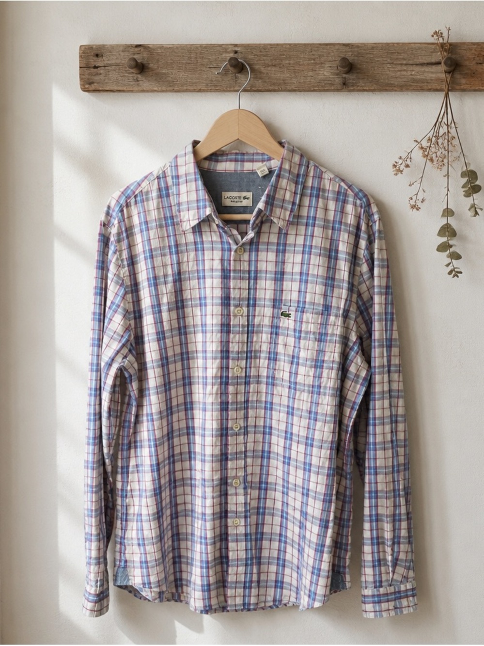 Lacoste Men’s Long-Sleeve Plaid Button-Down in White, Blue, and Tan